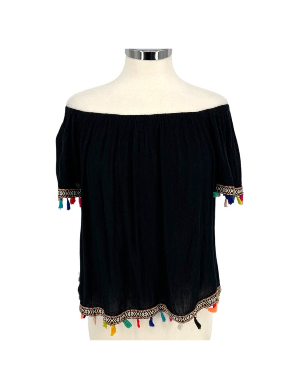 Speed Limit Fiesta Boho Off-The-Shoulder Black Blouse Multicolor Tassels Size XL